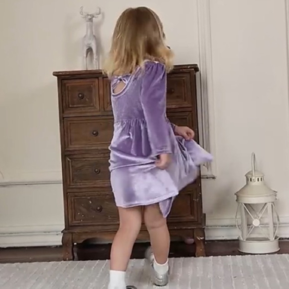 Girl’s Long Sleeve Velvet Dress in Purple - Picture 7 of 13
